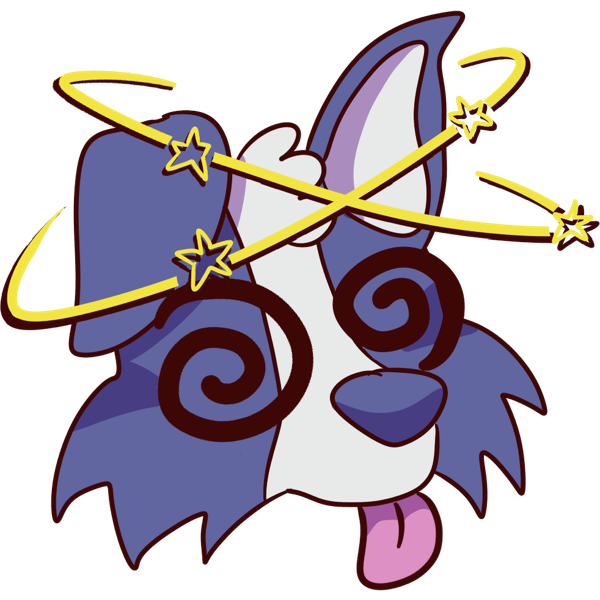 a blue and white border collie face with spiral eyes and its tongue out and stars spinning around its head